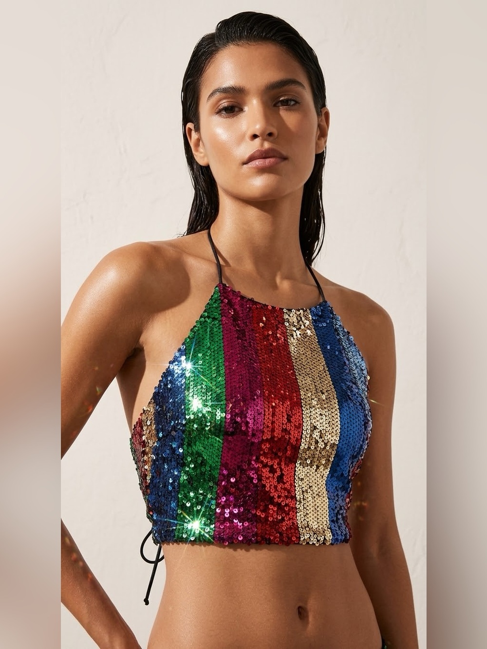 “ Wild Cat “ Rainbow Sequin Stripe Halter Crop Top size S
